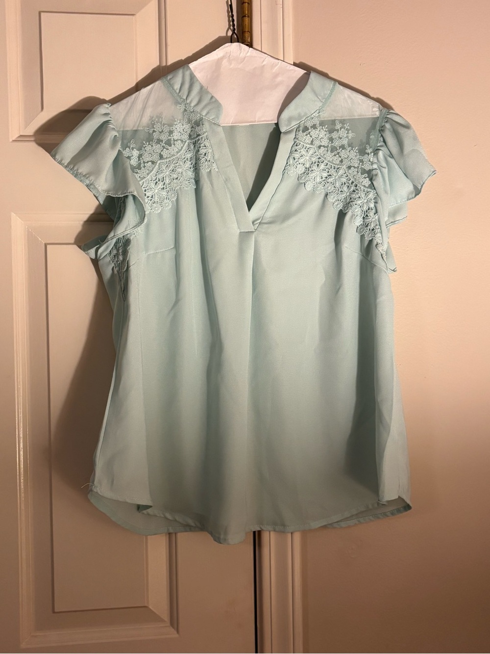 mine Mint Lace Yoke Flutter Sleeve Blouse